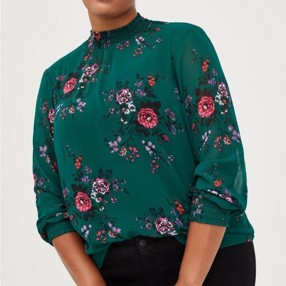 torrid Tops - Torrid Chiffon Smocked Mock Neck Floral Blouse Top Green